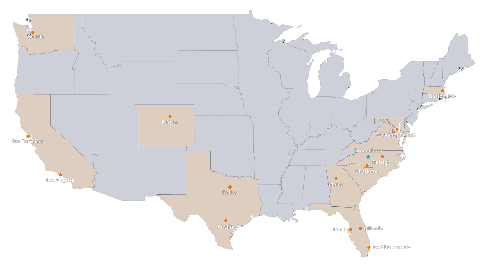 Map of Bell Partners target markets in the US